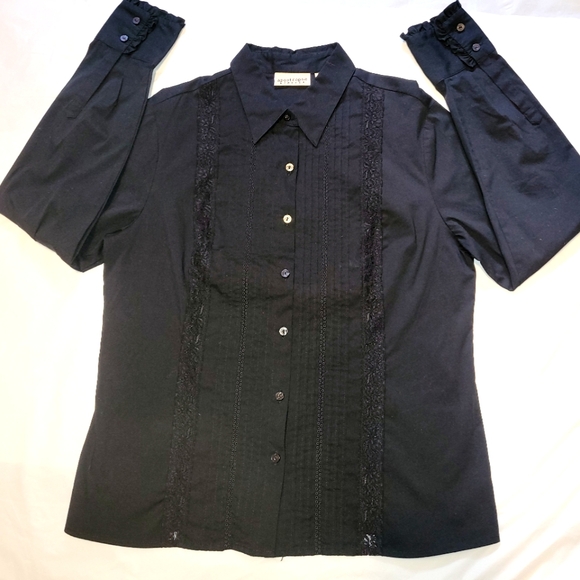 [EUC]Apostrophe Stretch Black Long-Sleeve Button-Down Dress Shirt w/ Lace Panels - Picture 2 of 16